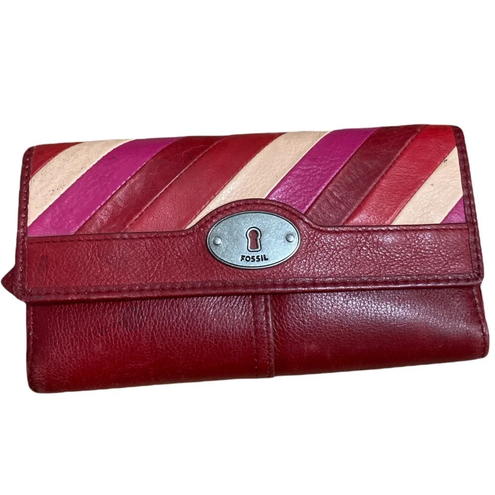 Fossil red pink and tan trifold wallet